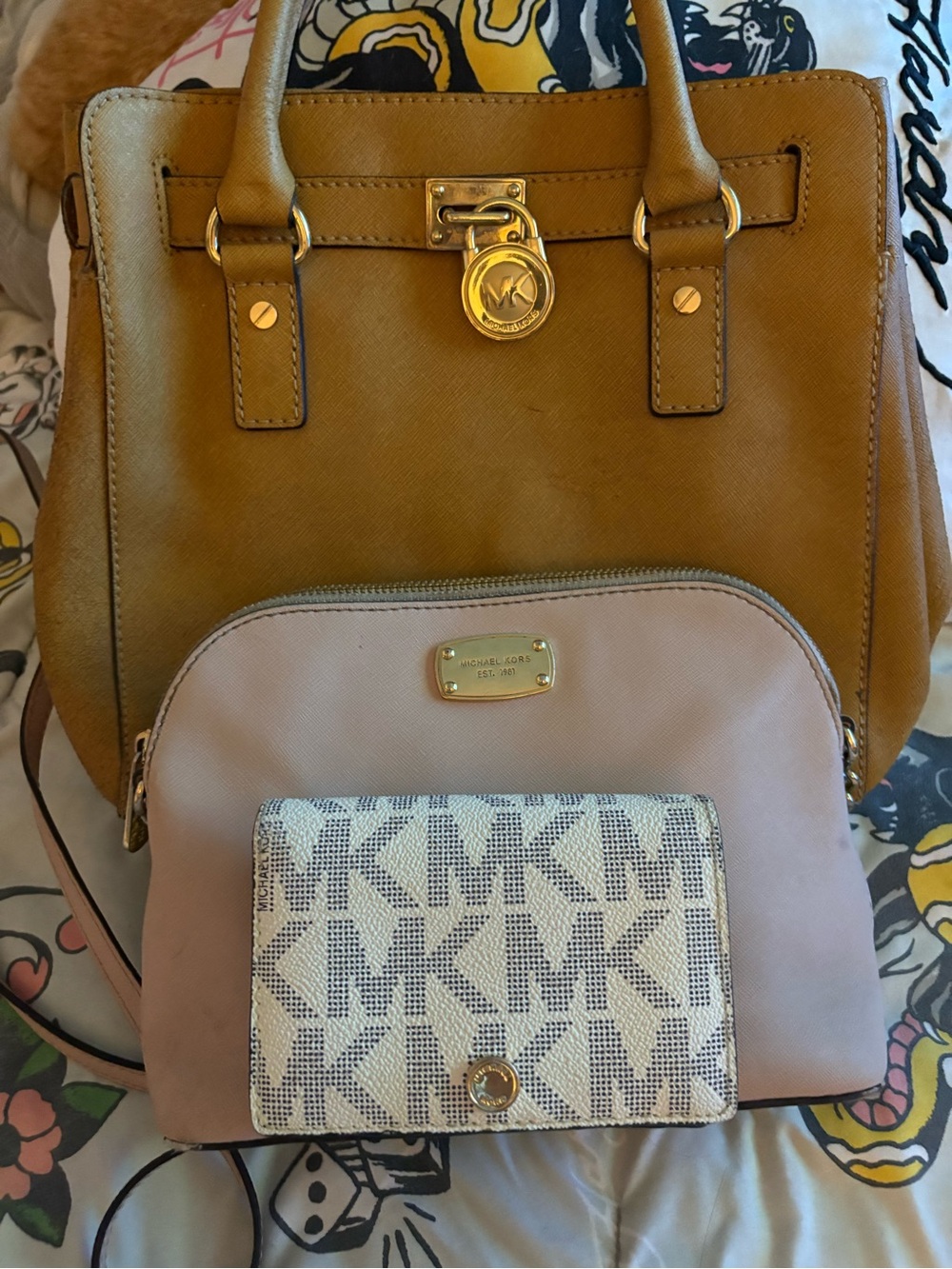 Michael Kors 3 pieces Lot Leather Tote with Blush Crossbody and MK Logo Wallet